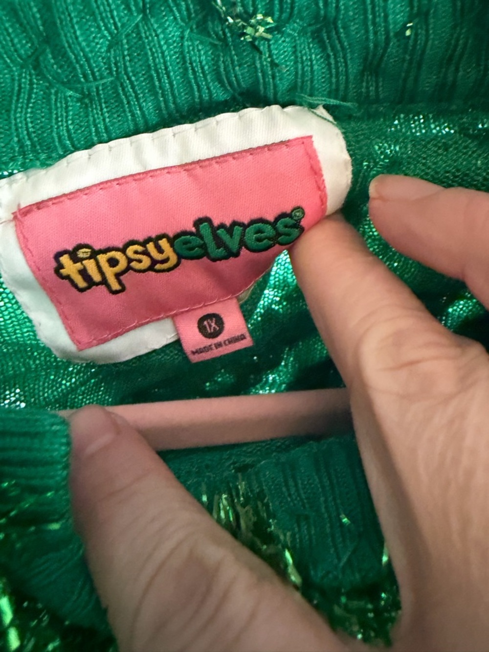 Tipsy Elves 1x Shiny Green Holiday Sweater with tinsel and Christmas balls new - Picture 7 of 10